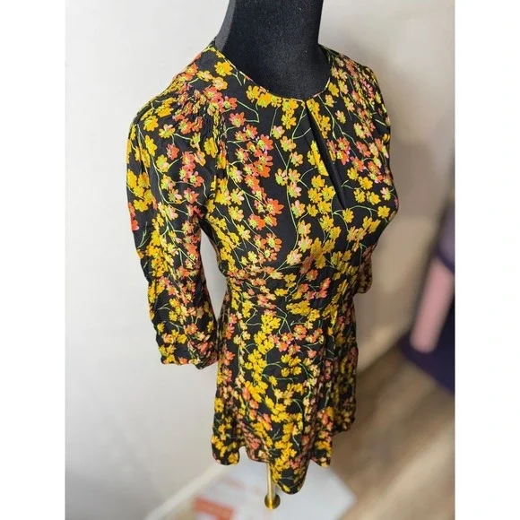 WHISTLES Ester Black Floral Daisy Print Keyhole Neck Mini Dress Fat and Flare - Picture 4 of 8